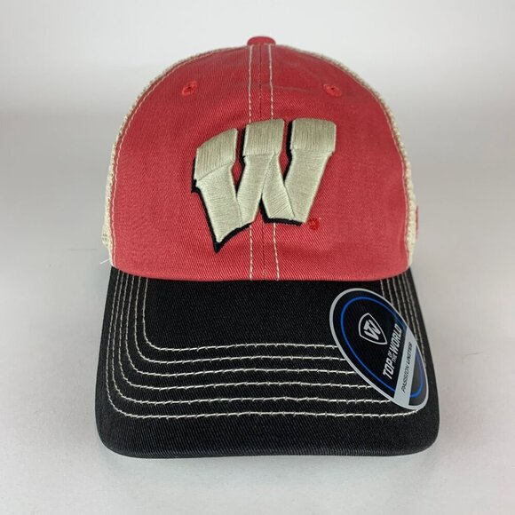 Wisconsin Badgers NCAA Red Black Beige Top of the World Relaxed Fit Trucker Hat - Picture 2 of 5